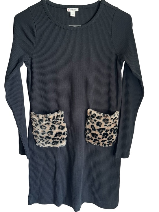 Crewcuts Other - Crewcuts Black Ribbed Dress Leopard Print Faux-Fur Pockets Size 12